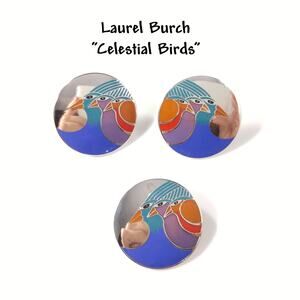 Laurel Burch Celestial Birds Brooch Earrings Set Cloisonné